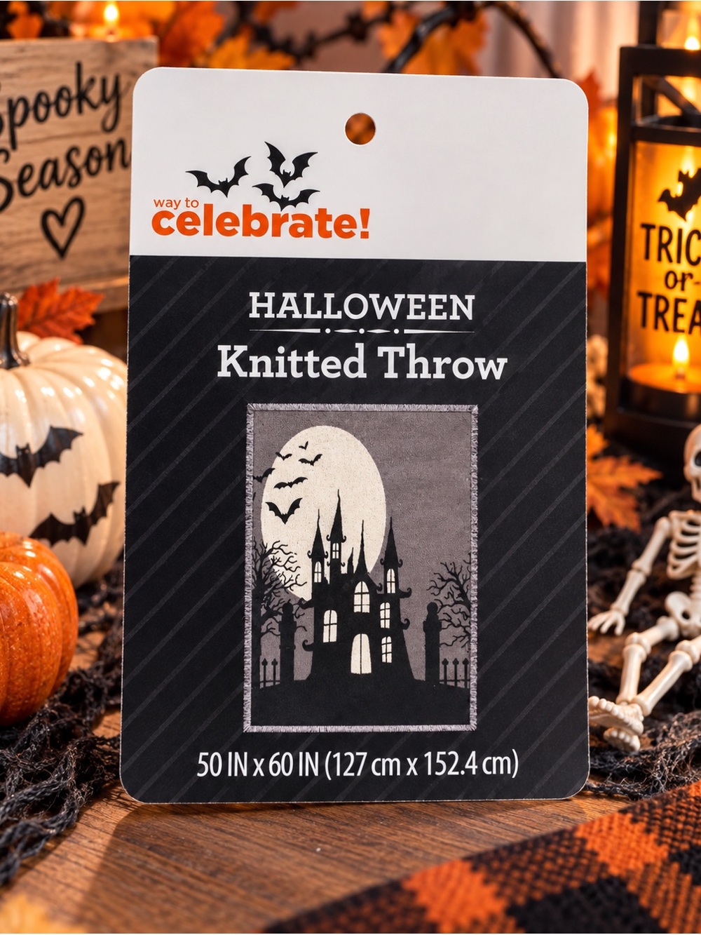 Way to Celebrate Halloween Knitted Throw Blanket Haunted House 50x60 NEW